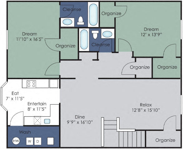 Floor plan for 2 beds, 2 baths, 1280 sqft